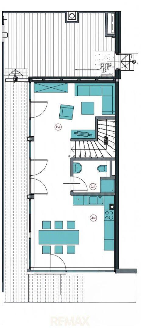 Grundriss des unteren Geschosses mit offenem Wohn-Essbereich, Küche und großer Terrasse.
