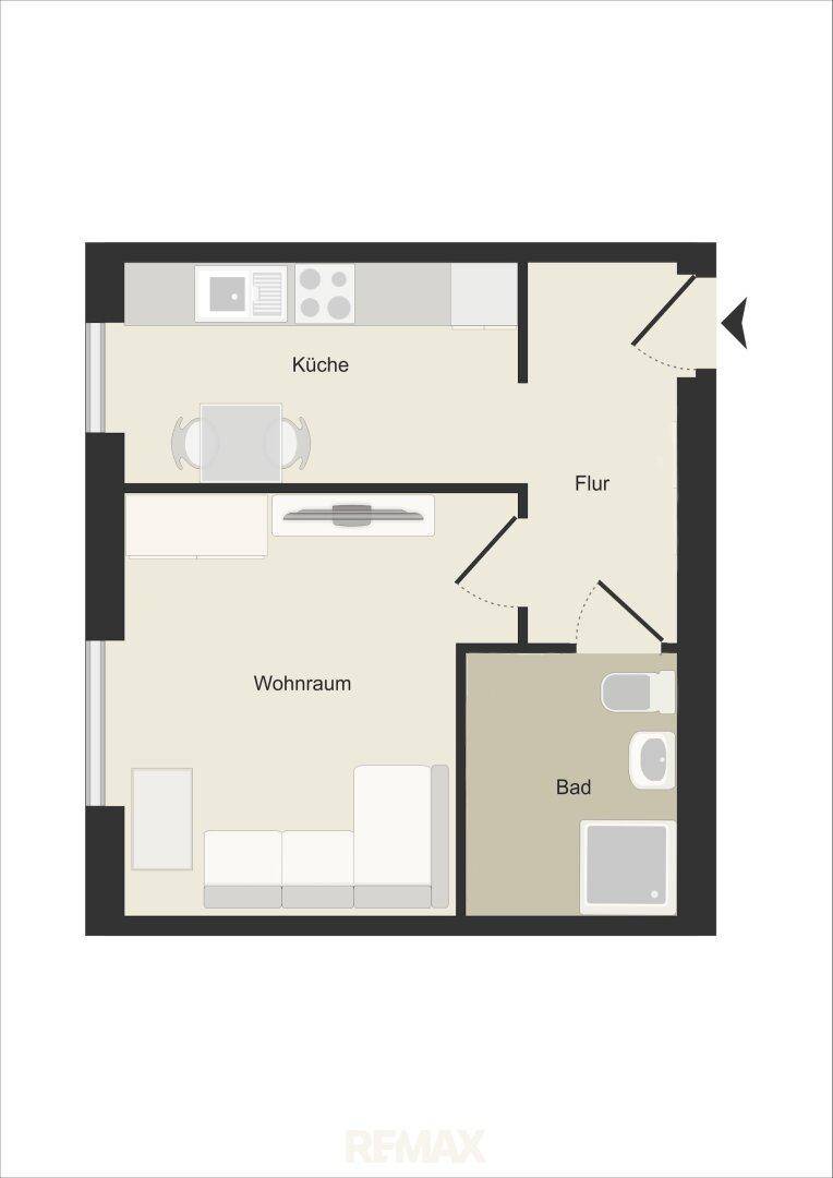 Grundriss der Wohnung mit separater Küche, Wohnraum, Flur und Badezimmer.