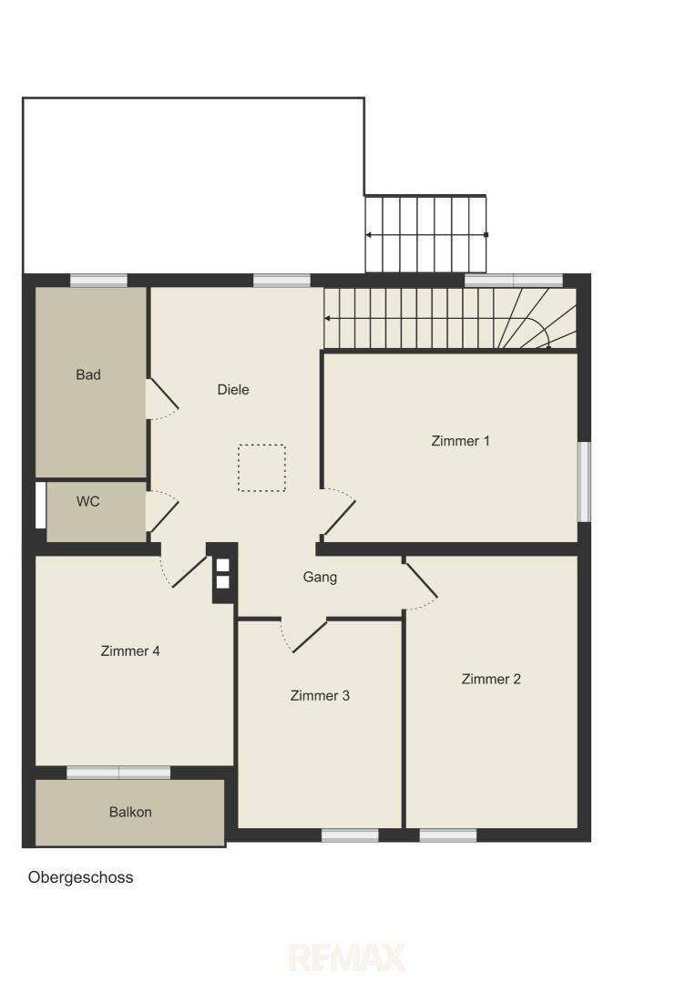 Grundriss des Obergeschosses mit vier Zimmern, Bad, WC, Diele und Balkon.