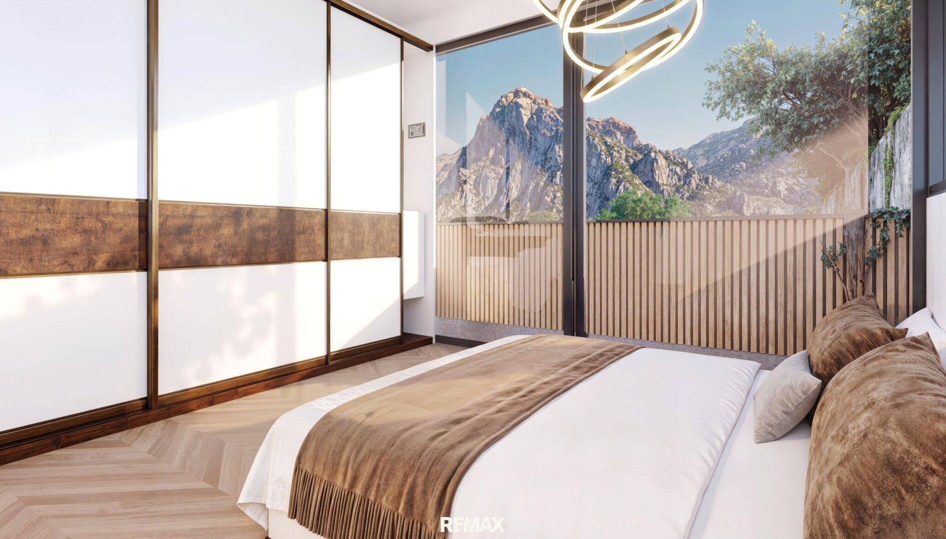 Modernes Schlafzimmer mit Einbauschränken, Holzboden und Panoramafenster mit Bergblick.