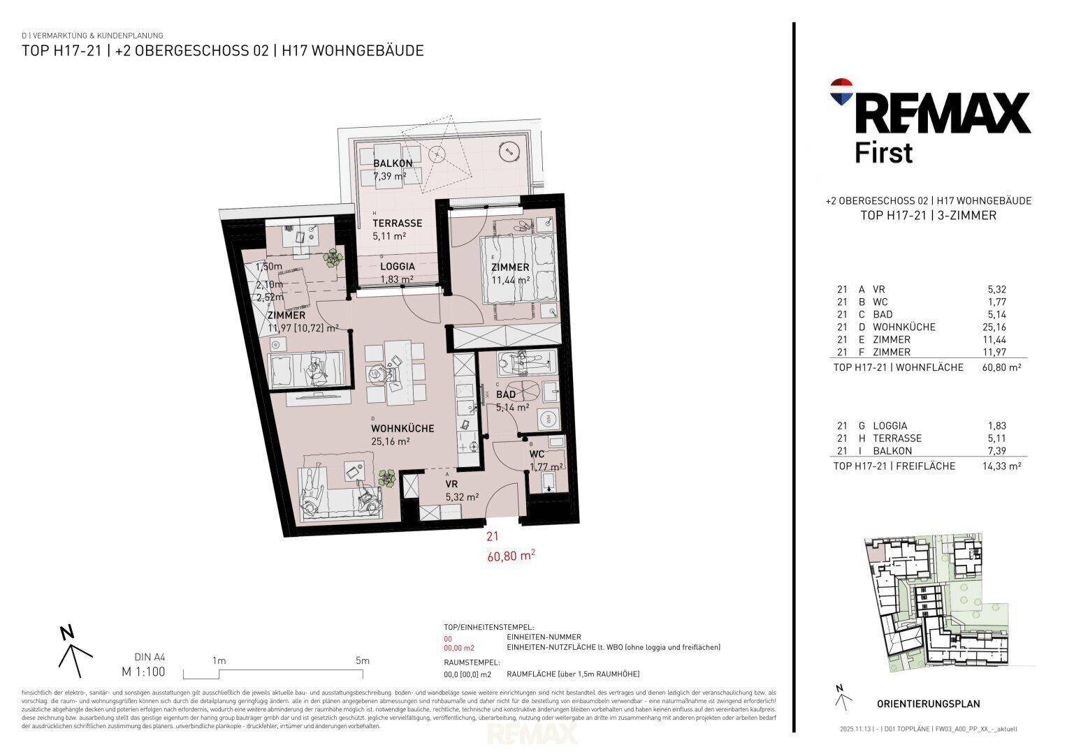 Detaillierter Grundriss einer 3-Zimmer-Wohnung mit Balkon, Loggia und Terrasse.