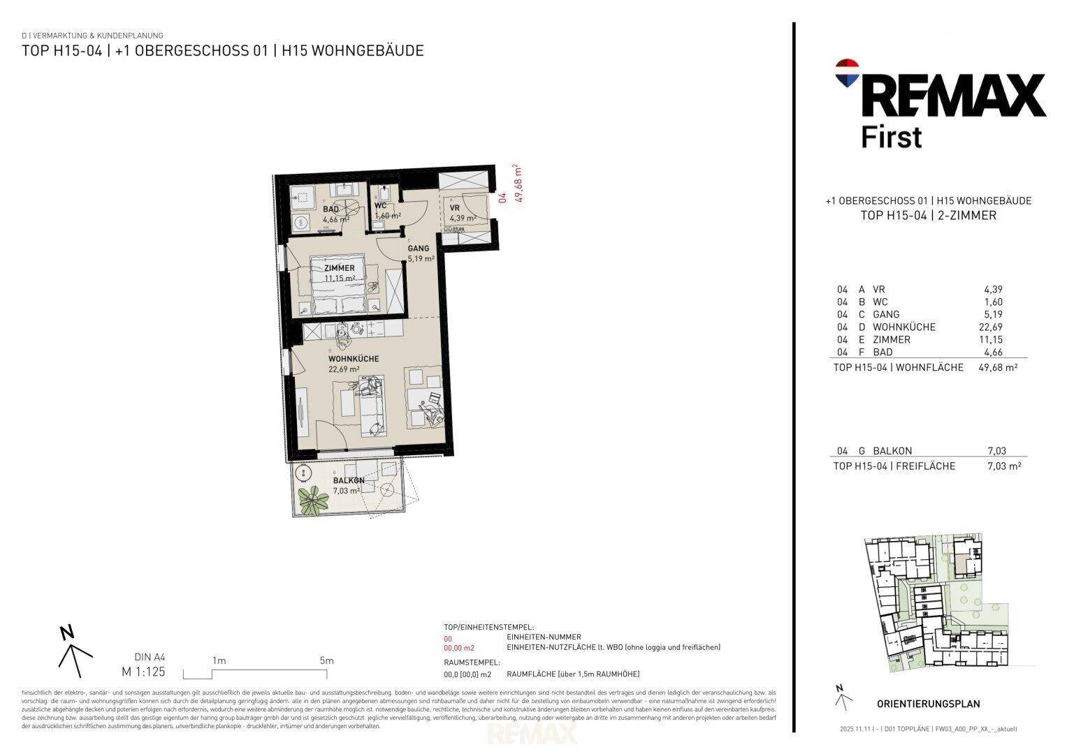 Grundriss einer modernen 2-Zimmer-Wohnung mit offener Wohnküche, Bad und Balkon.