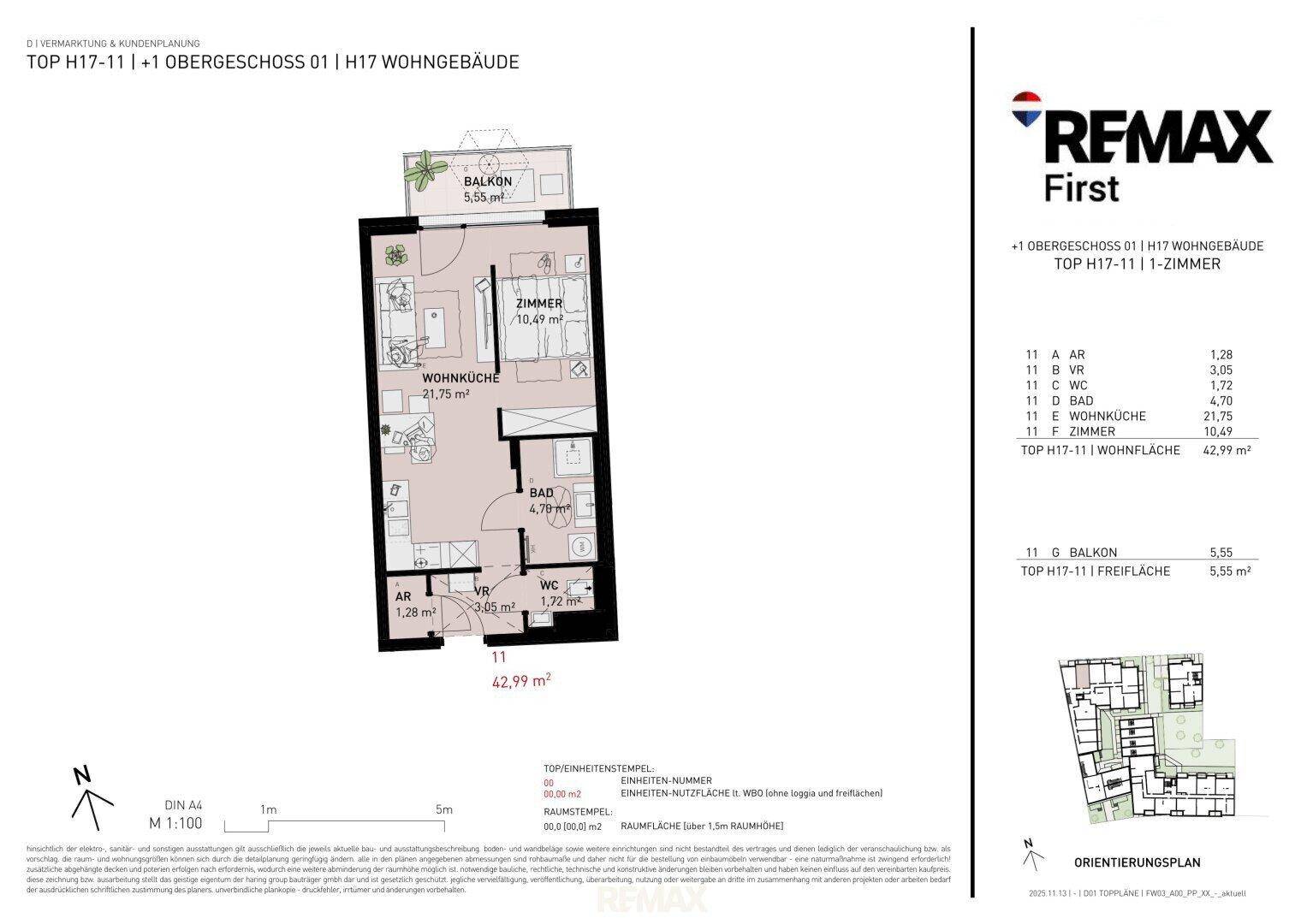 Grundriss einer modernen 1-Zimmer-Wohnung mit Balkon, separatem WC und Abstellraum.