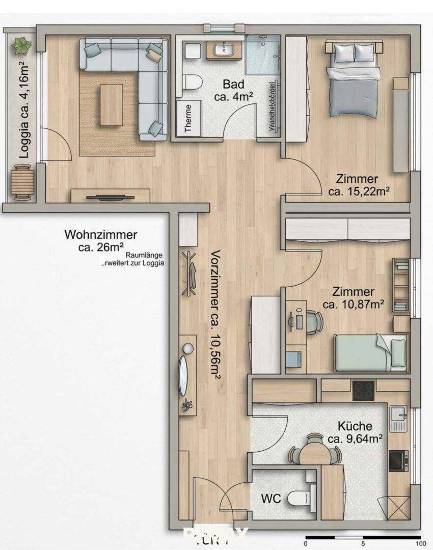 Detaillierter Grundriss einer Wohnung mit Wohnzimmer, zwei Schlafzimmern, separater Küche, Bad, WC und Loggia.