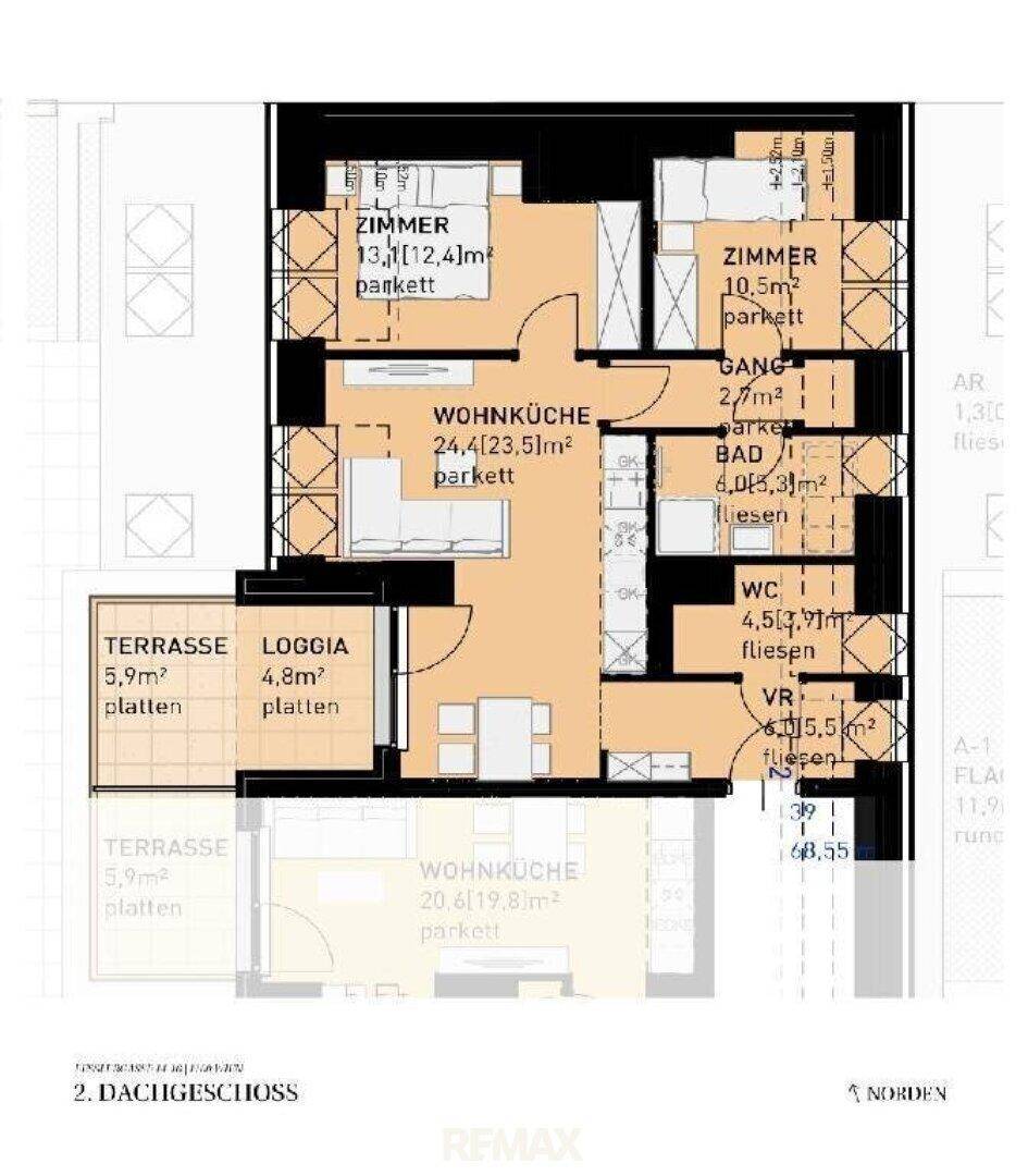 Grundriss des Dachgeschosses mit offener Wohnküche, zwei Zimmern, Bad, WC, Terrasse und Loggia.