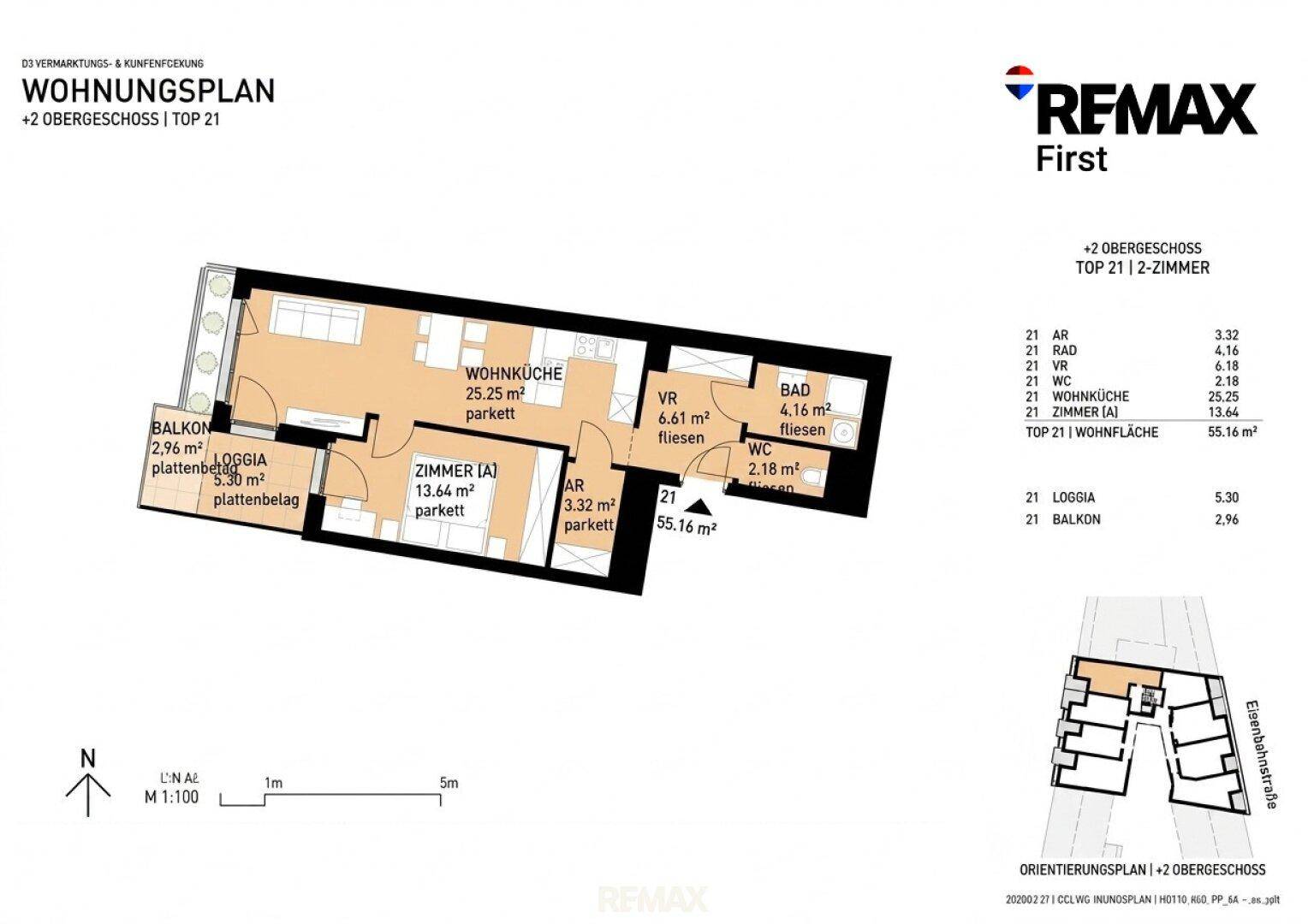 Grundrissplan der Wohnung mit Balkon, Loggia und offener Wohnküche.