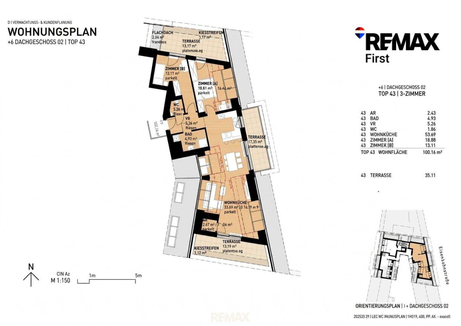 Detaillierter Wohnungsplan mit mehreren Zimmern, Terrassen und klarem Layout.