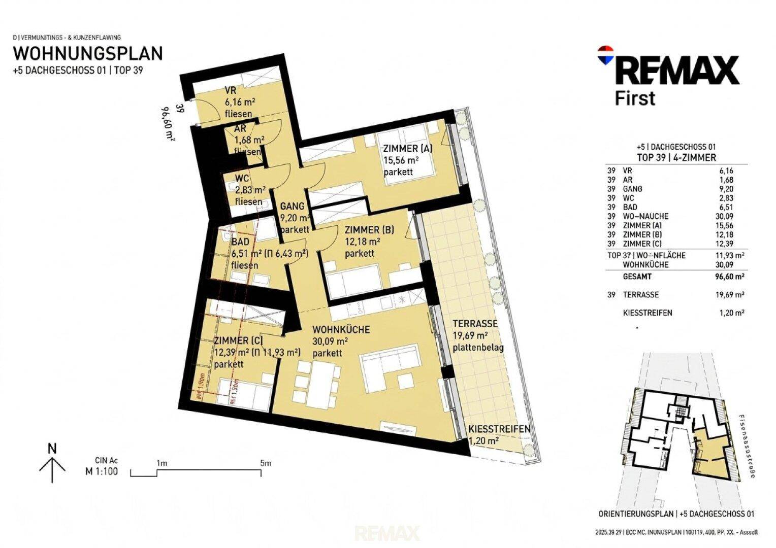 Detaillierter Wohnungsplan mit drei Zimmern, offener Wohnküche und großer Terrasse.