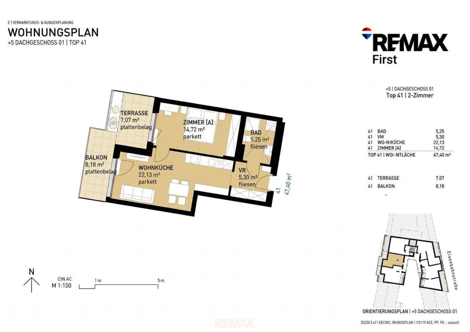 Grundriss einer Wohnung mit offenem Wohn- und Küchenbereich, Schlafzimmer, Bad, Balkon und Terrasse.