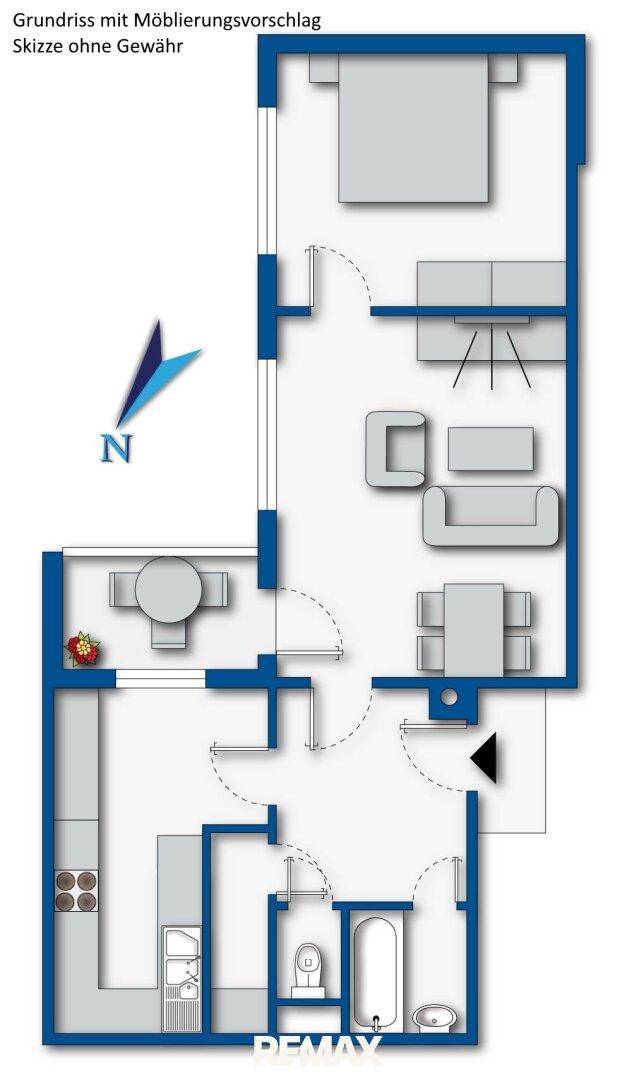Detaillierter Grundriss einer Wohnung mit Schlafzimmer, offenem Wohn-Essbereich, Küche und Bad, inklusive Balkonzugang.