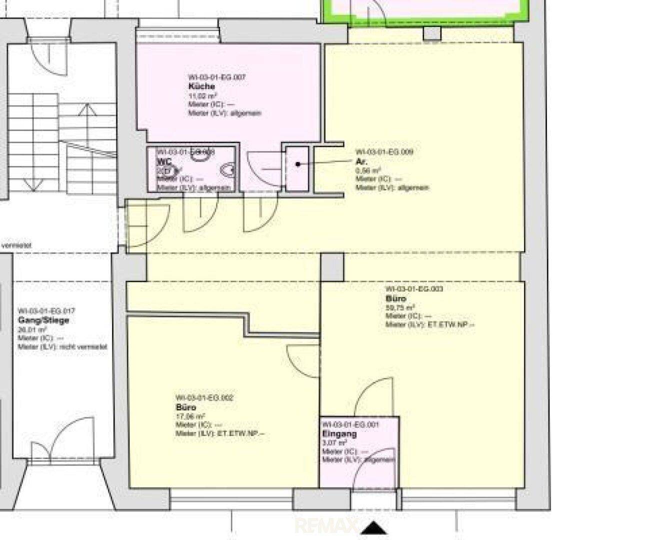 Grundriss des Erdgeschosses mit Küche, WC, Büros und Eingangsbereich.