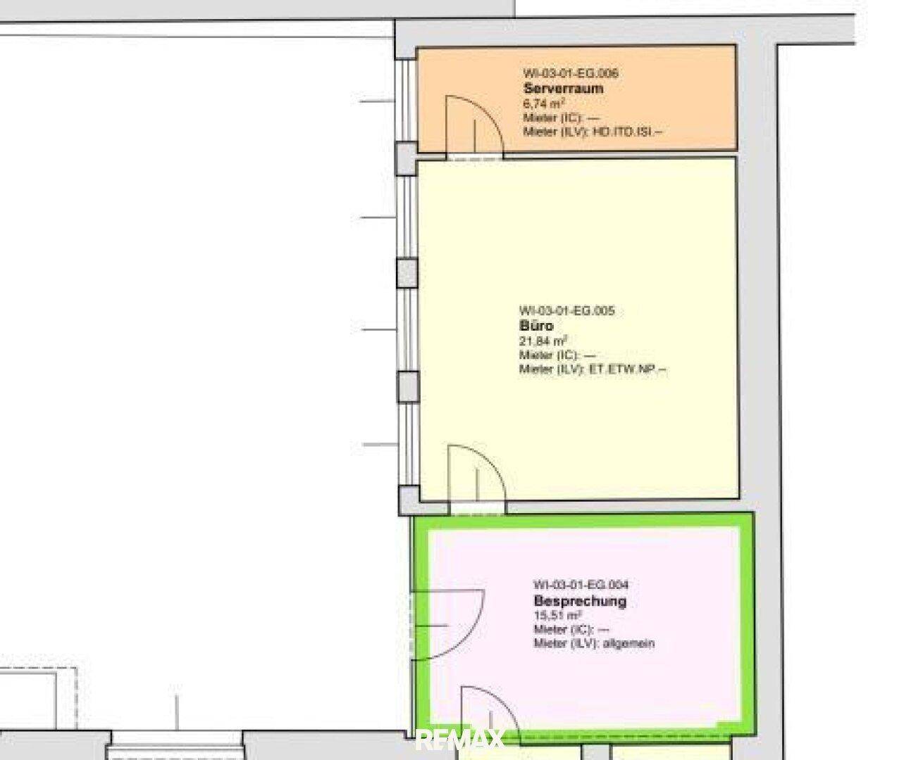 Grundriss mit Serverraum, Büro und Besprechungsraum im Erdgeschoss.