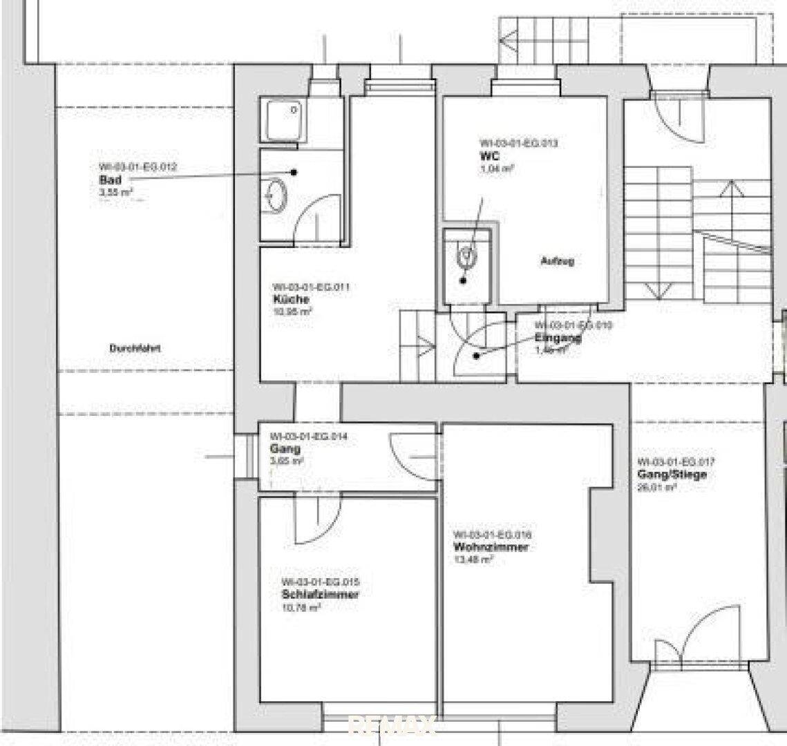 Grundriss mit Bad, Küche, WC, Wohnzimmer, Schlafzimmer und Eingangsbereich.