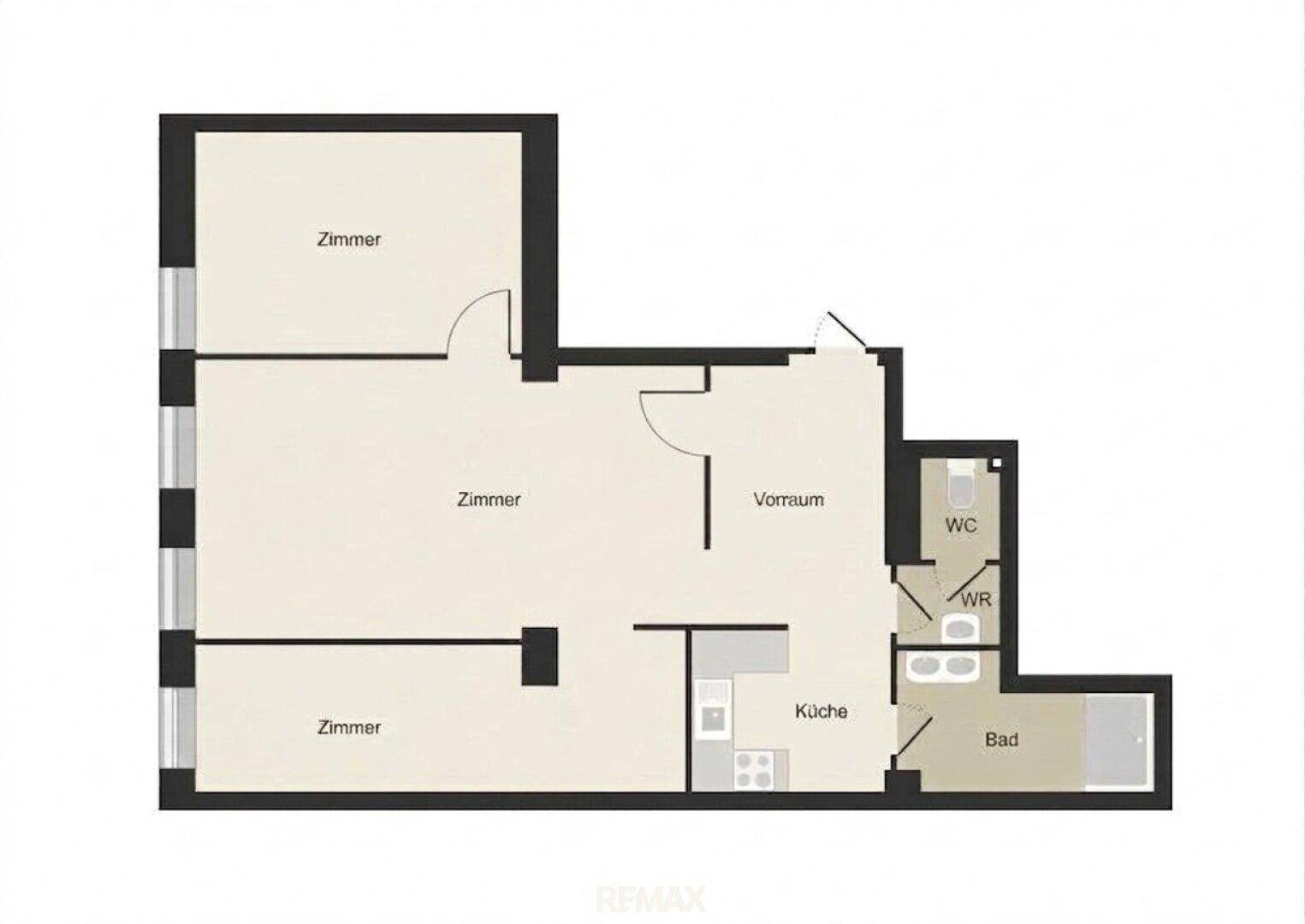 Grundrissplan einer Wohnung mit mehreren Zimmern, separater Küche, Bad und Gäste-WC.