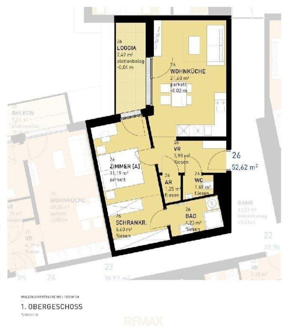 Grundriss der Wohnung im Obergeschoss mit Wohnküche, Schlafzimmer, Bad, WC und Loggia.