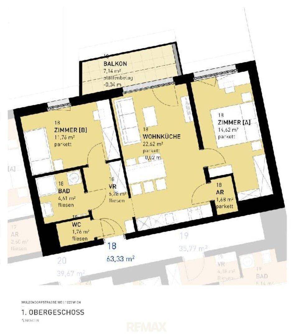 Detaillierter Grundrissplan einer Wohnung mit Wohnküche, Zimmern und Balkon.