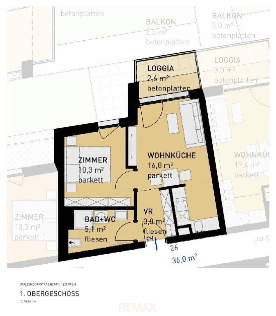 Grundriss einer Wohnung im ersten Obergeschoss mit Wohnküche, Zimmer, Bad und Loggia.