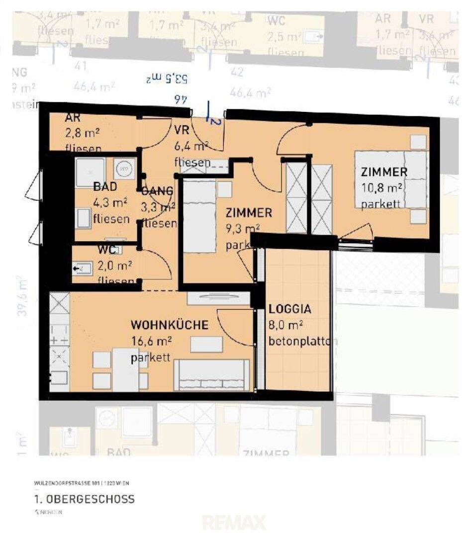 Grundriss des ersten Obergeschosses mit Wohnküche, zwei Zimmern, Bad und Loggia.