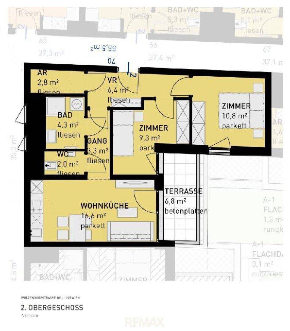 Grundriss des 2. Obergeschosses mit Wohnküche, zwei Zimmern, Bad, WC und Terrasse.