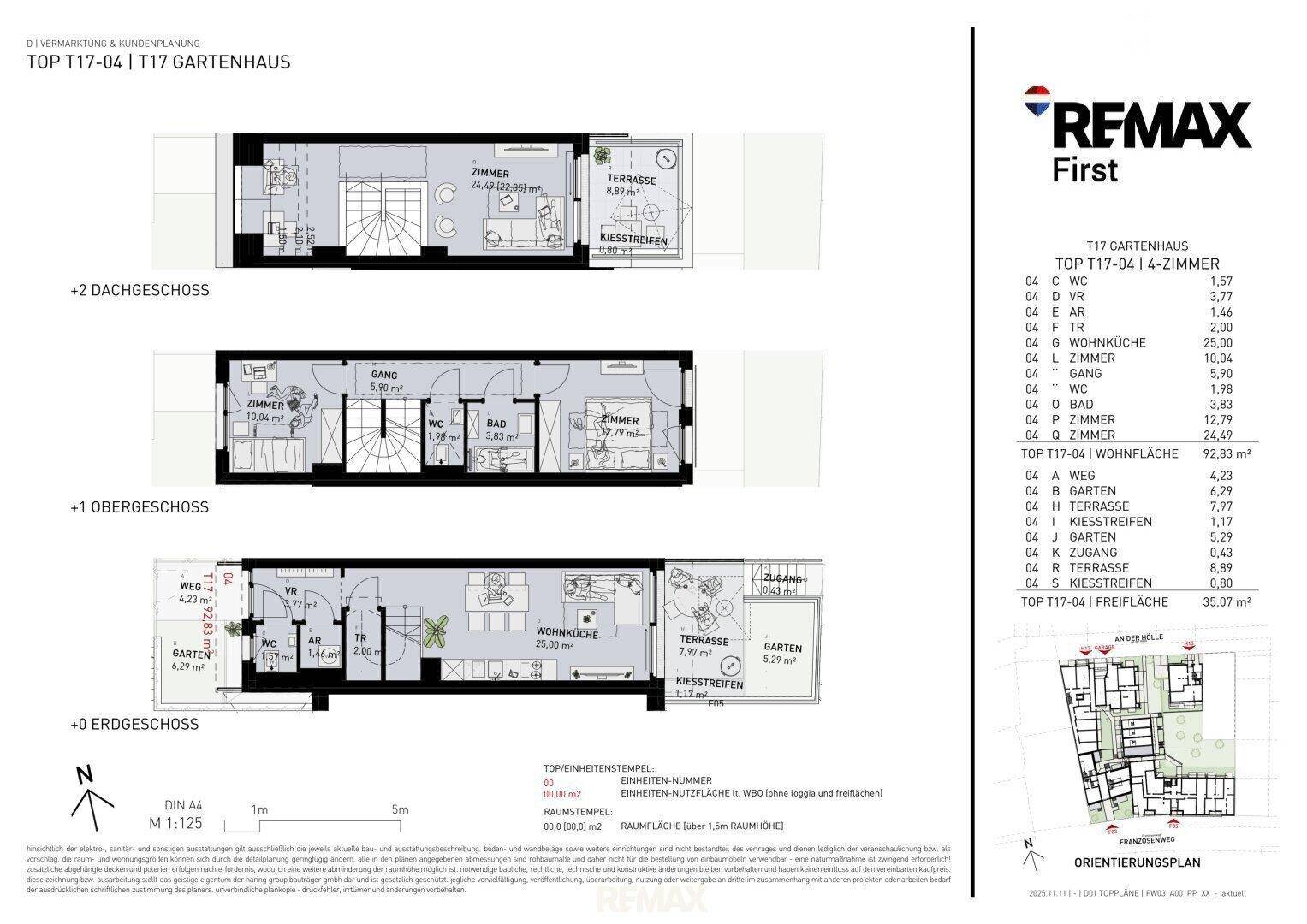 Detaillierter Grundriss eines Gartenhauses mit drei Ebenen, Terrassen und Gartenbereichen.