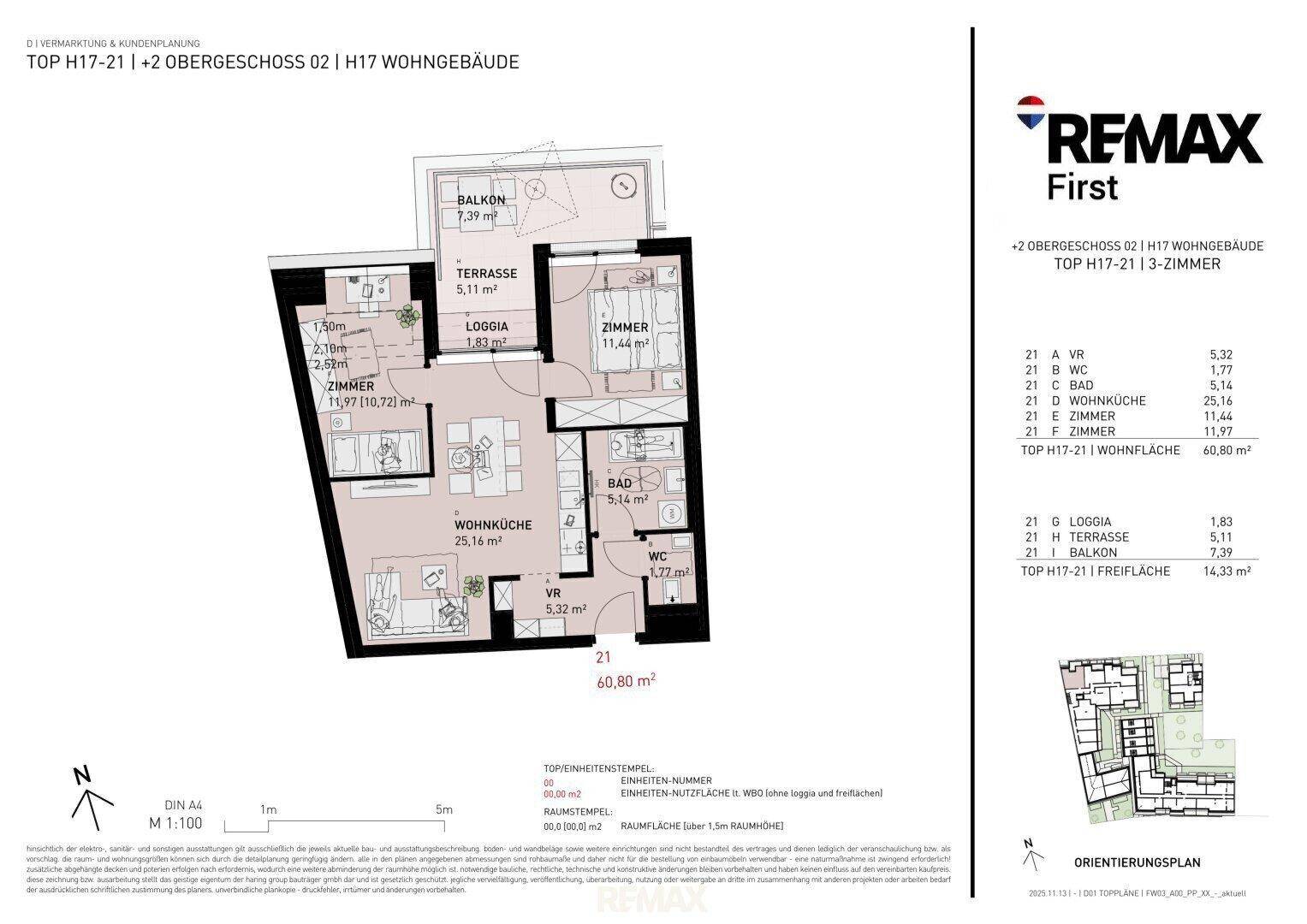 Detaillierter Grundriss einer Wohnung mit Balkon, Loggia und Terrasse.