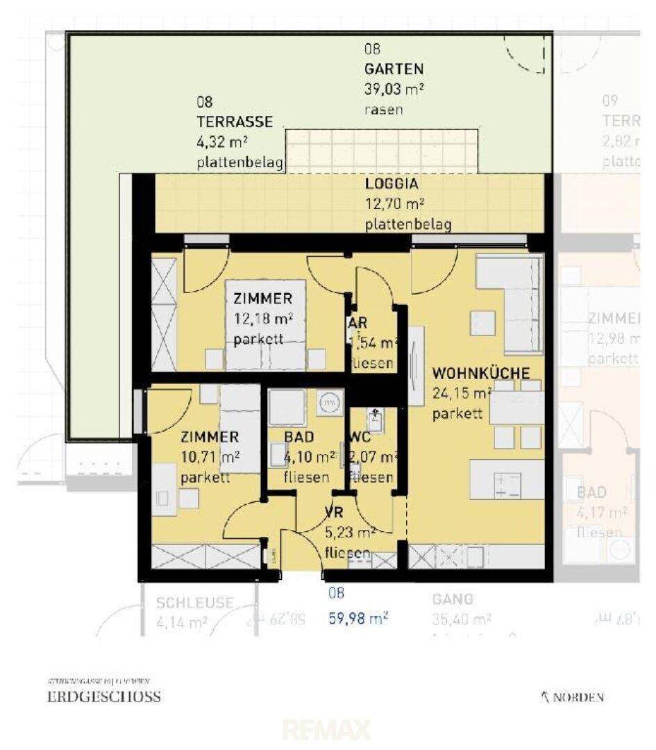 Grundriss des Erdgeschosses mit Wohnküche, zwei Zimmern, Loggia, Terrasse und Garten.
