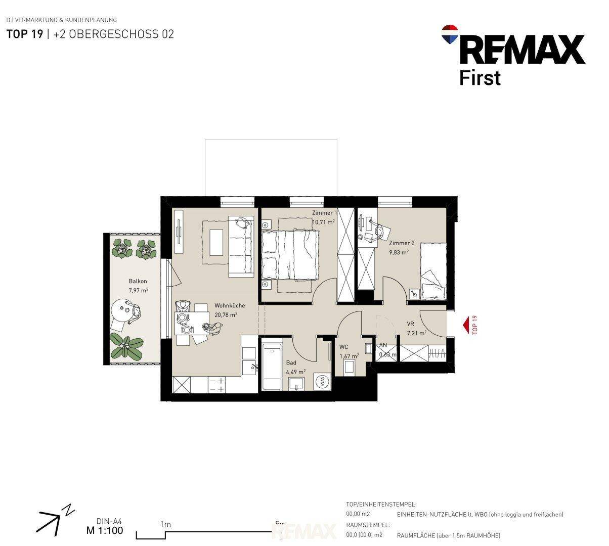 Grundriss der Wohnung mit offener Wohnküche, zwei Schlafzimmern und Balkon.