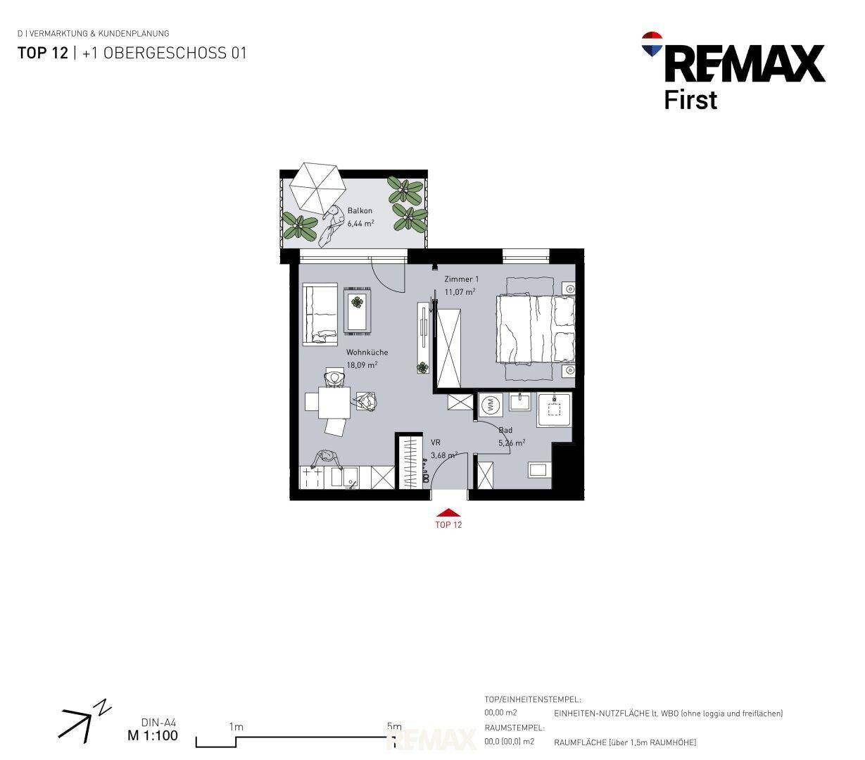 Grundrissplan einer Wohnung mit offener Wohnküche, Schlafzimmer, Bad und Balkon.