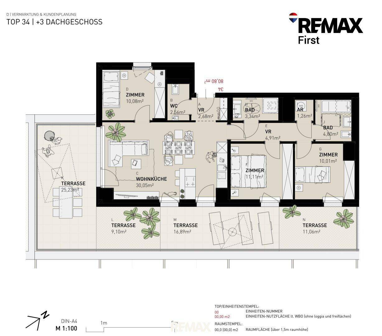 Detaillierter Grundriss der Dachgeschosswohnung mit mehreren Terrassen und drei Zimmern.