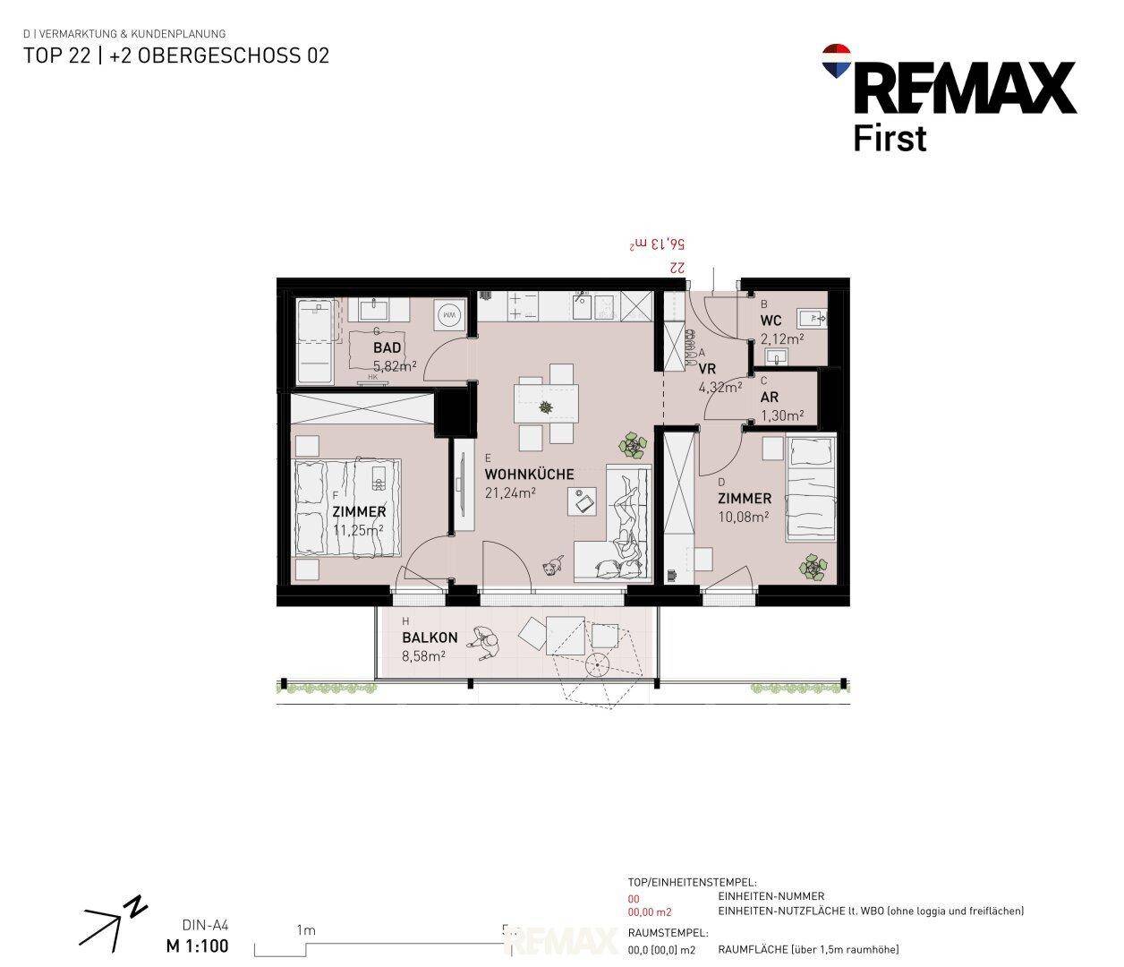 Grundriss der Wohnung mit Wohnküche, zwei Zimmern, Bad, WC und Balkon.