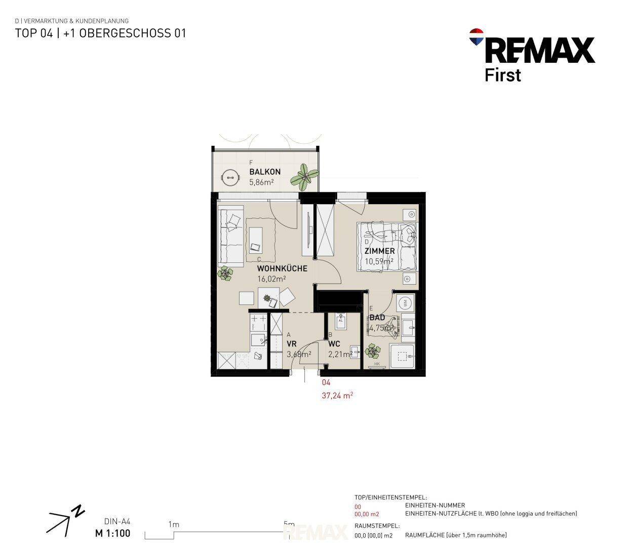 Grundrissplan der Wohnung Top 04 im ersten Obergeschoss mit Wohnküche und Balkon.