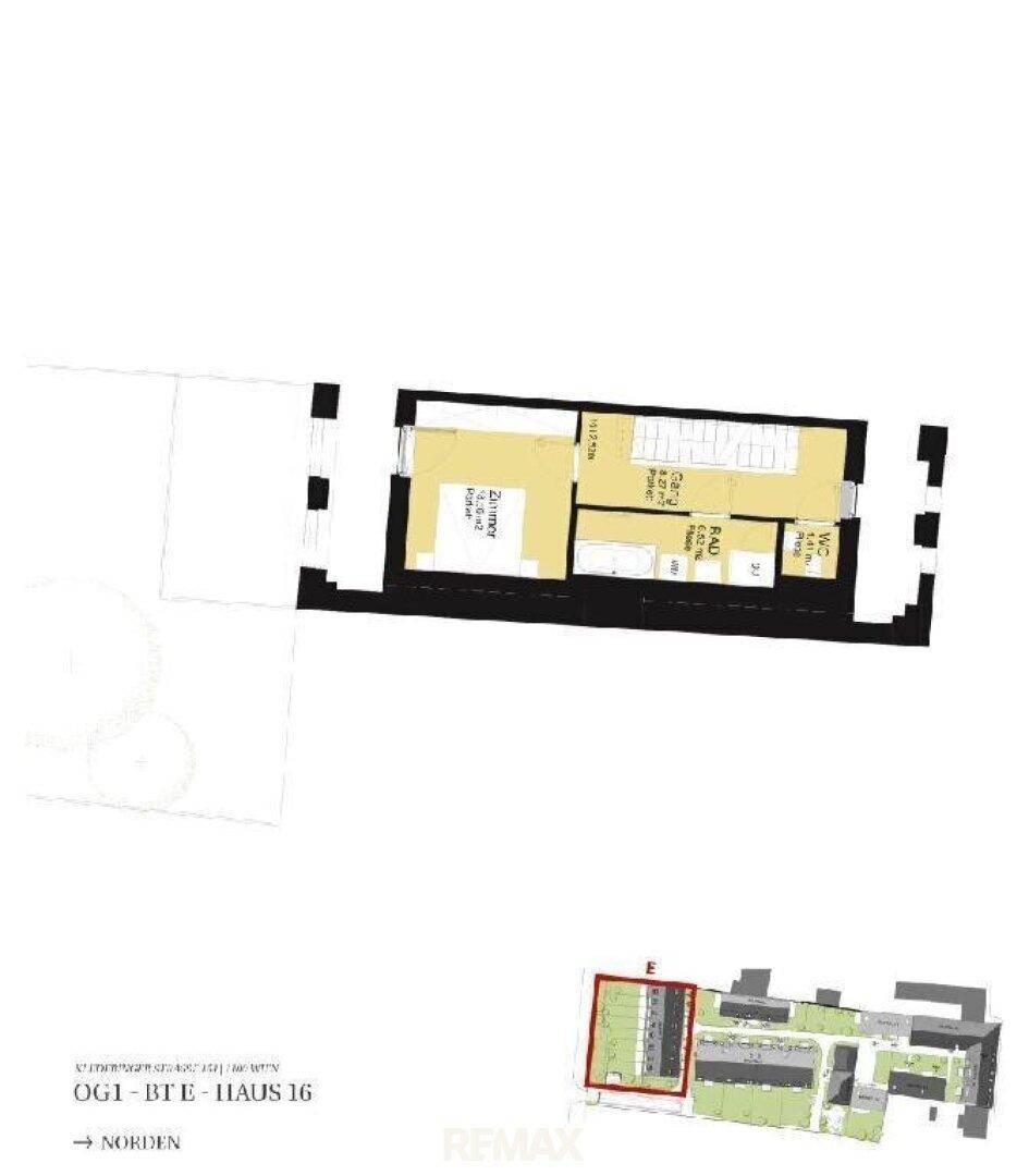 Vereinfachter Grundriss des ersten Obergeschosses mit Schlafzimmer und Bad.