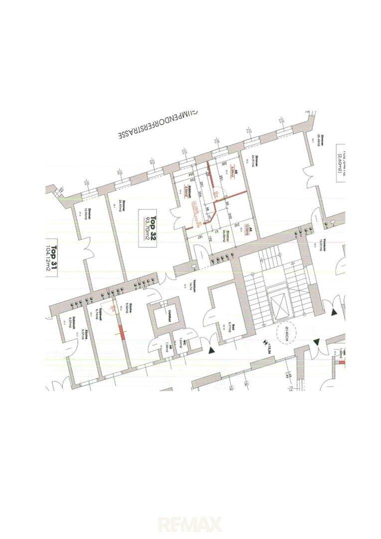 Grundrissplan einer Wohnung mit mehreren Zimmern und Treppenhaus, zeigt die Raumaufteilung.