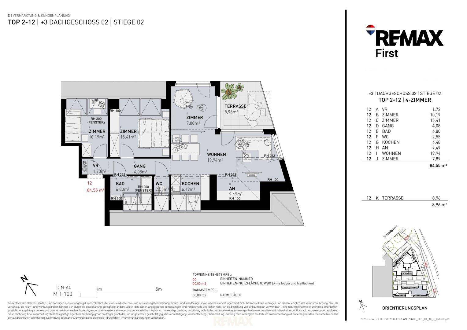 Grundriss der Dachgeschosswohnung Top 2-12 mit vier Zimmern, offener Küche und großer Terrasse.