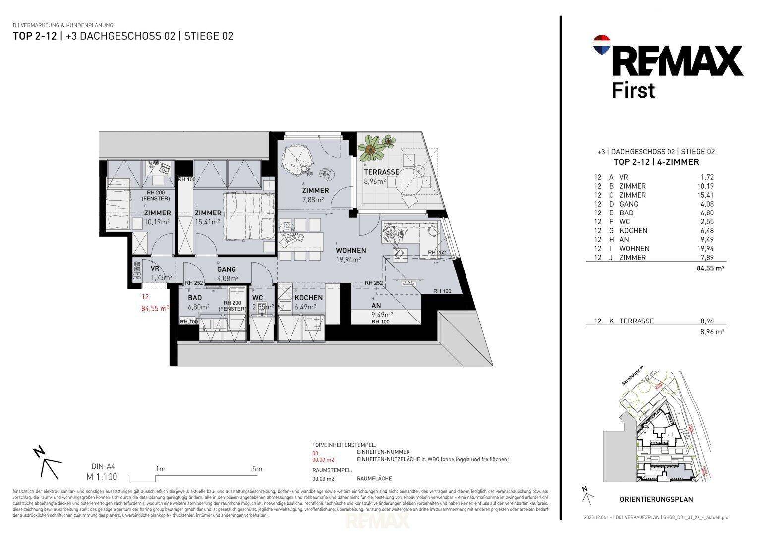 Grundrissplan einer 4-Zimmer-Wohnung mit Terrasse, offenem Wohnbereich und drei Schlafzimmern.
