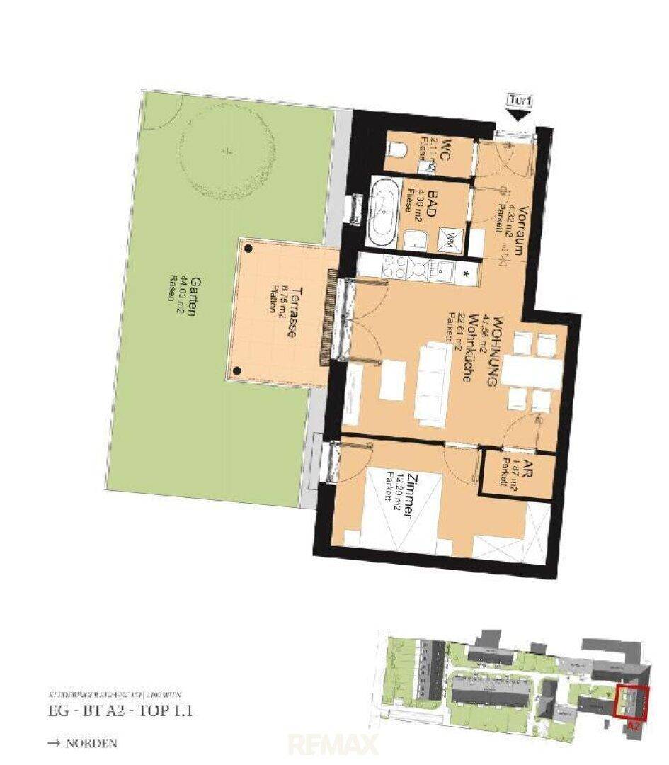 Grundriss einer Erdgeschosswohnung mit offenem Wohnbereich, Schlafzimmer, Bad, WC, Terrasse und Garten.