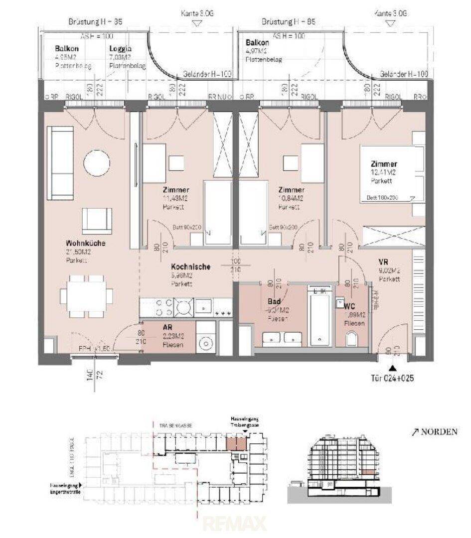 Grundriss einer Wohnung mit offener Wohnküche, zwei Schlafzimmern, Bad, separatem WC und Balkonen.