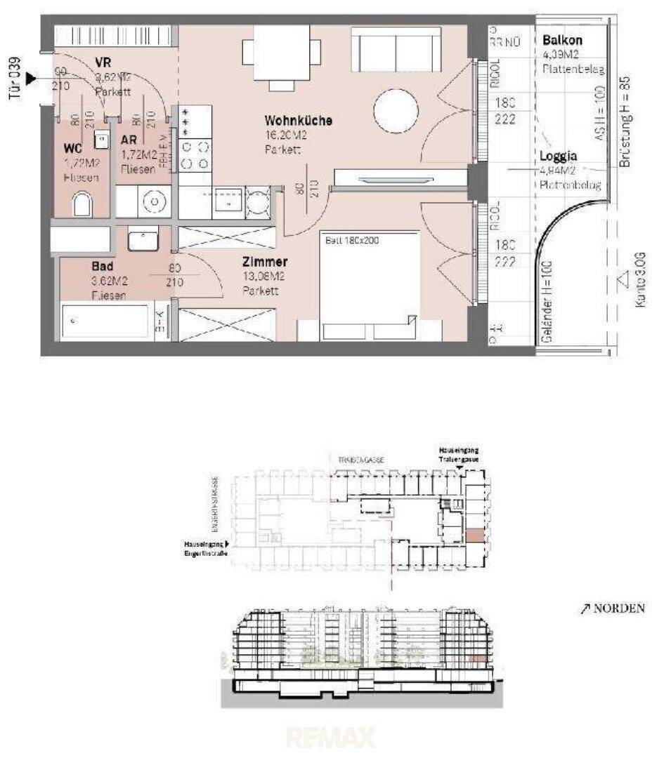 Grundriss einer Wohnung mit Wohnküche, Zimmer, Bad und Loggia, ergänzt durch Gebäudeansichten.