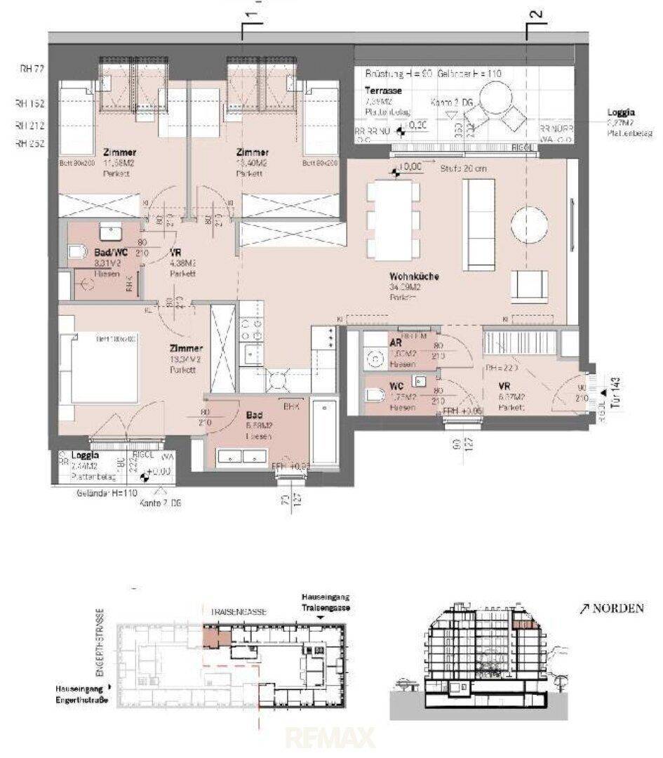 Detaillierter Grundriss einer modernen Wohnung mit drei Zimmern, offener Wohnküche und zwei Terrassen.