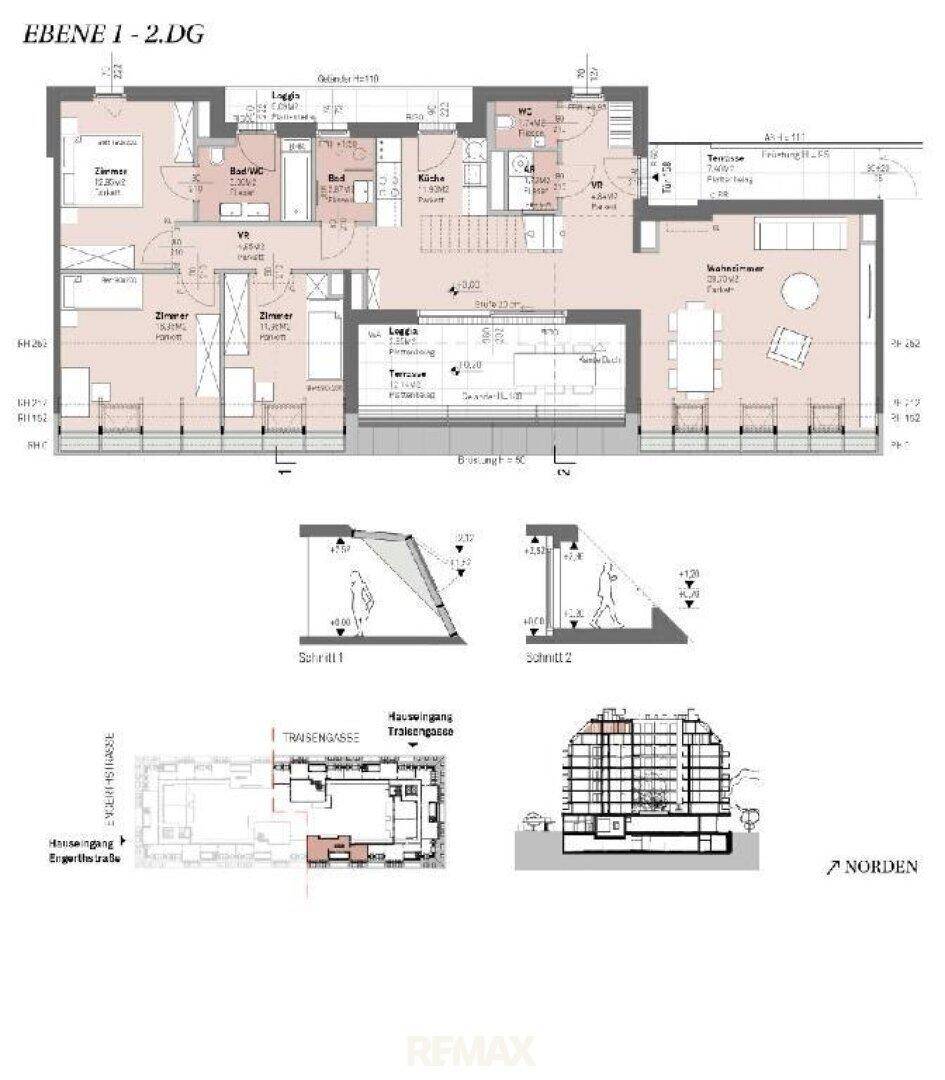 Detaillierter Grundriss der oberen Etage mit Wohnbereichen, Terrassen und architektonischen Schnitten.