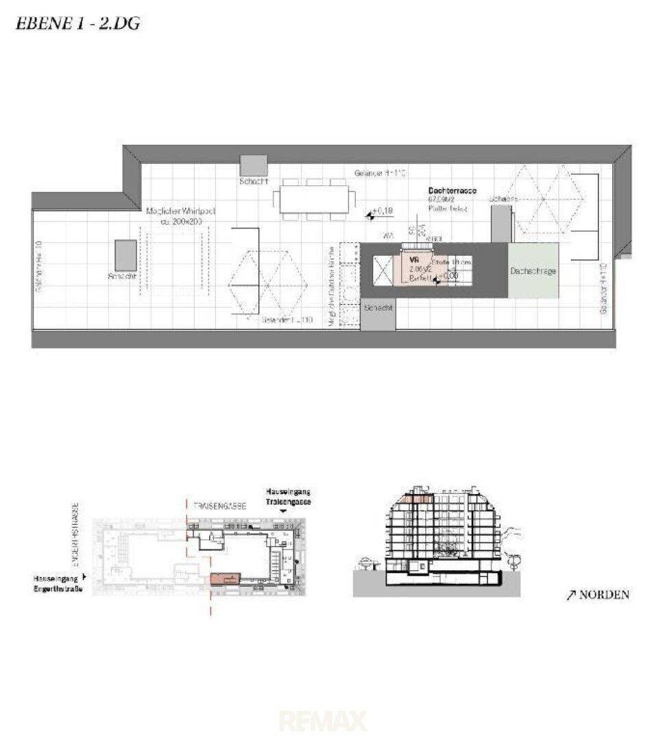 Grundriss der Dachterrasse mit Whirlpool, Sitzbereichen und Zugang zum Innenbereich.