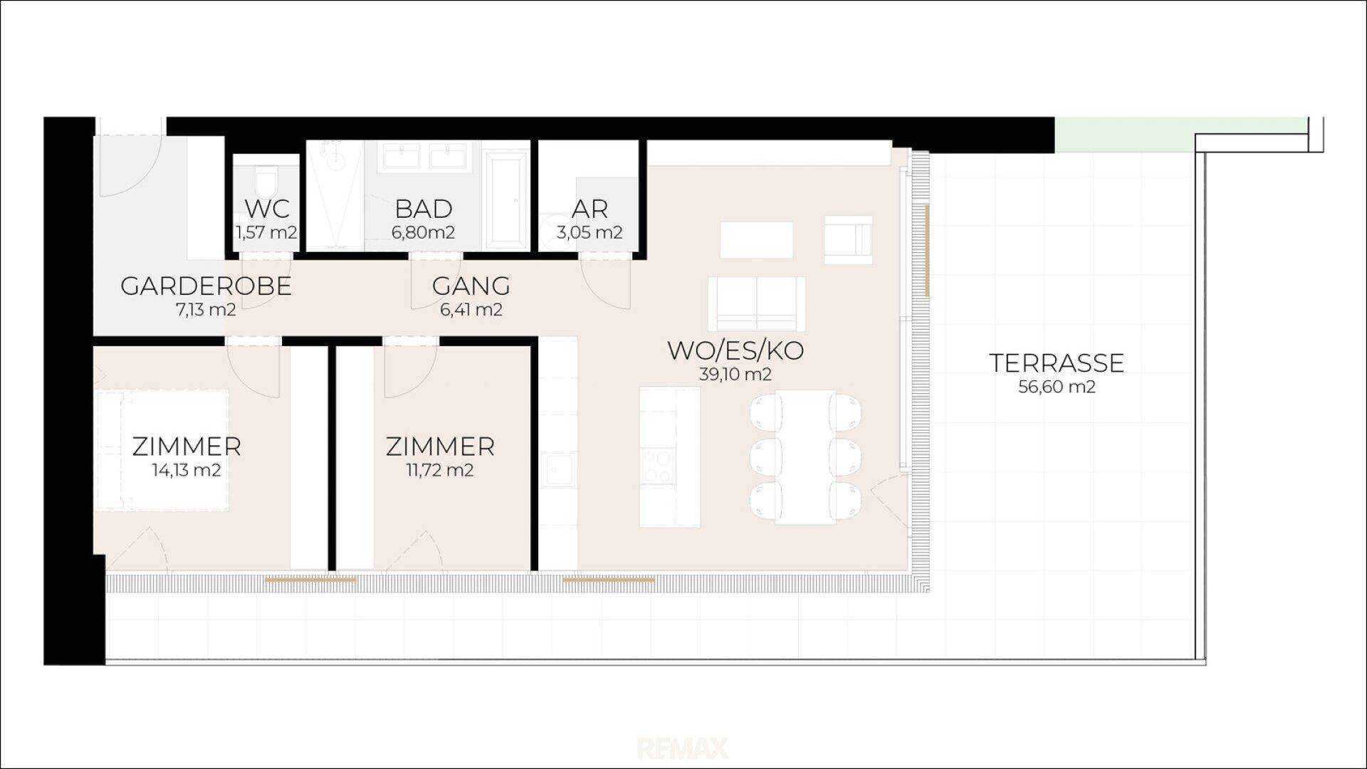Detaillierter Grundriss einer Wohnung mit drei Zimmern, Bad, WC und großer Terrasse.
