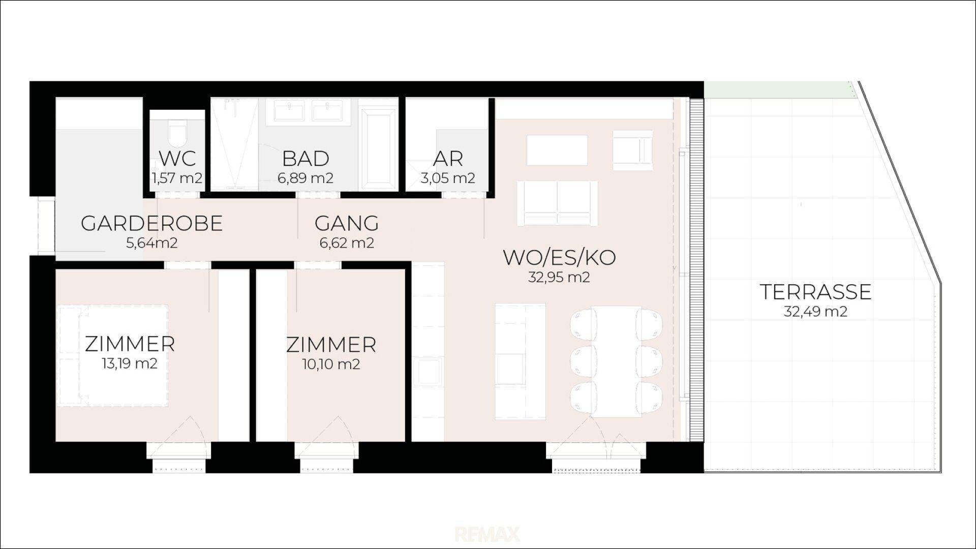 Detaillierter Grundriss einer Wohnung mit Wohn-Ess-Kochbereich, zwei Zimmern und großer Terrasse.