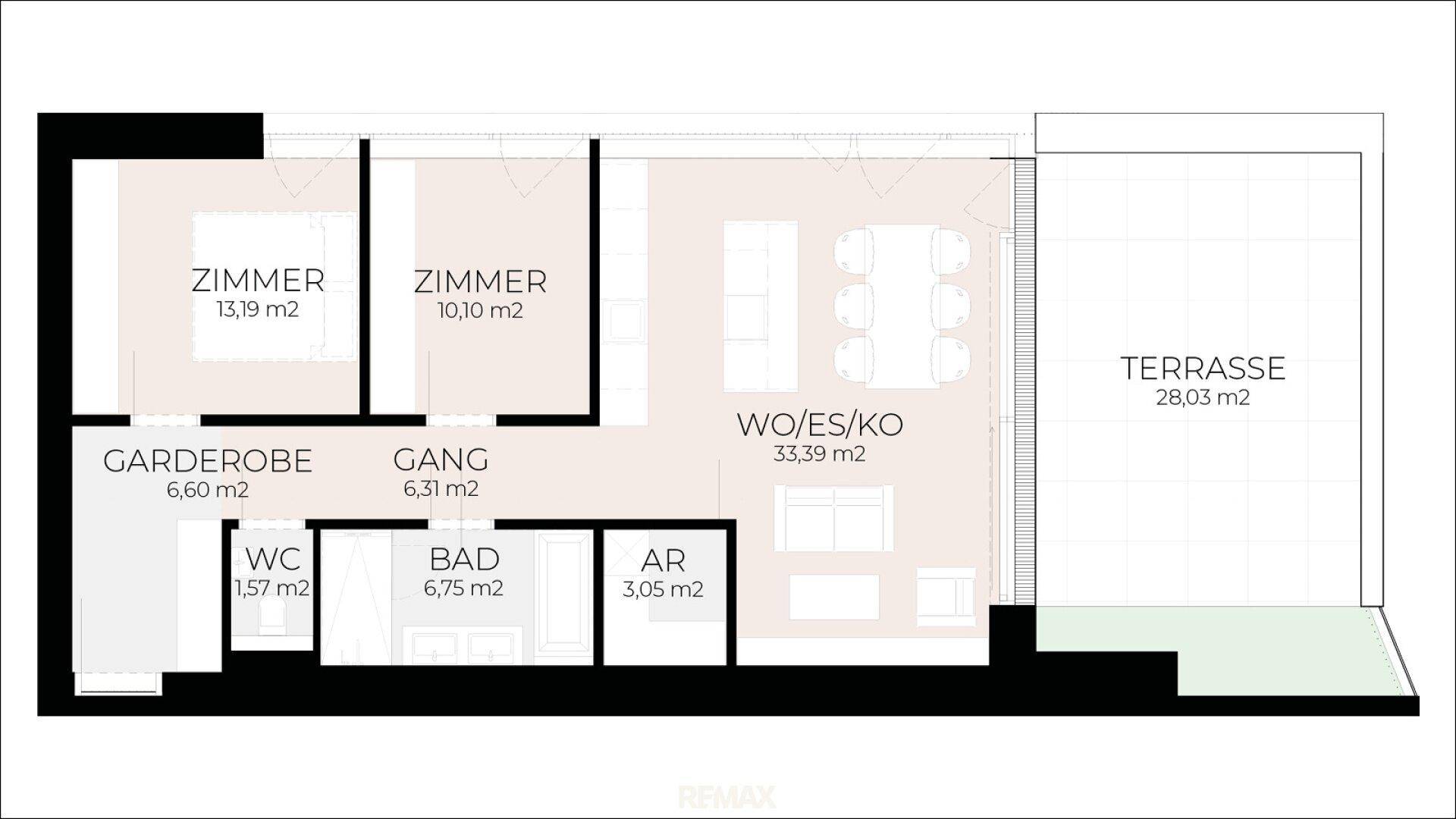 Grundriss einer Wohnung mit zwei Zimmern, offenem Wohnbereich und großer Terrasse.