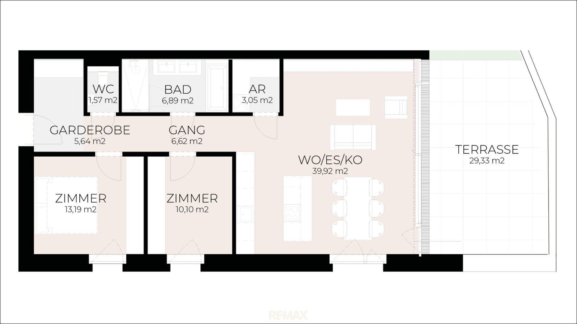Detaillierter Grundriss mit Wohn-/Ess-/Kochbereich, zwei Zimmern und großer Terrasse.