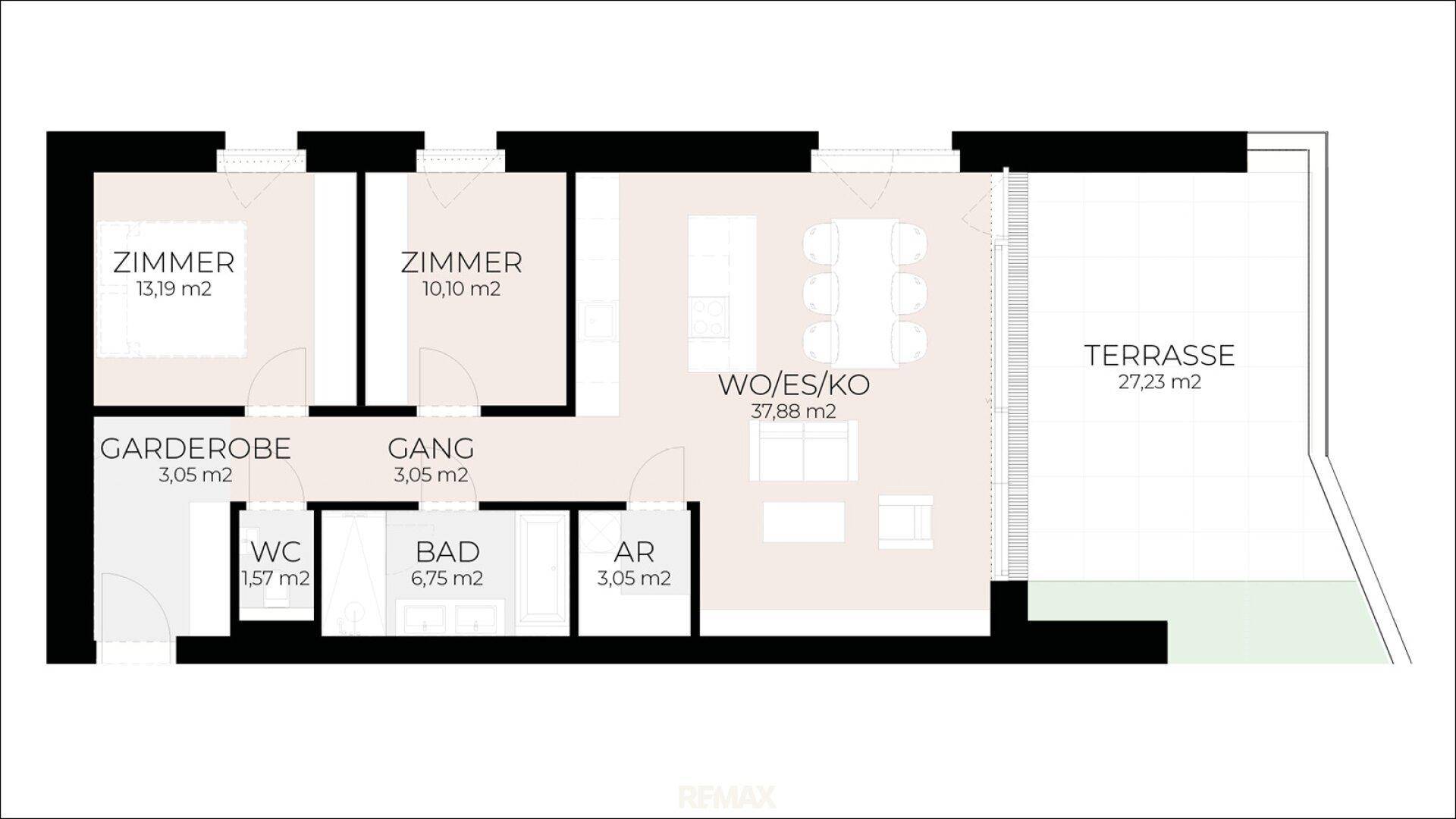Detaillierter Grundriss einer Wohnung mit zwei Zimmern, Bad, WC, Garderobe und großer Terrasse.