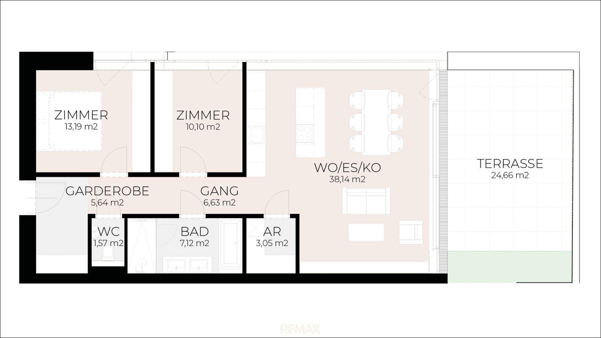 Detaillierter Grundriss einer Wohnung mit zwei Zimmern, offenem Wohnbereich und großer Terrasse.