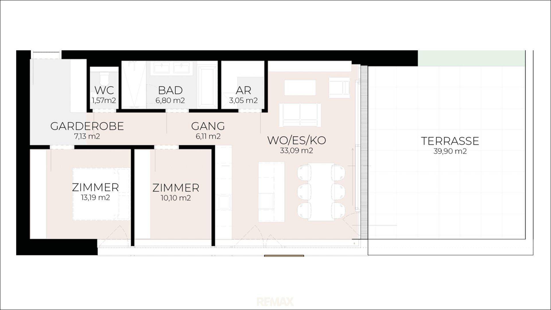 Detaillierter Grundriss einer Wohnung mit drei Zimmern, Bad, WC, Garderobe und großer Terrasse.