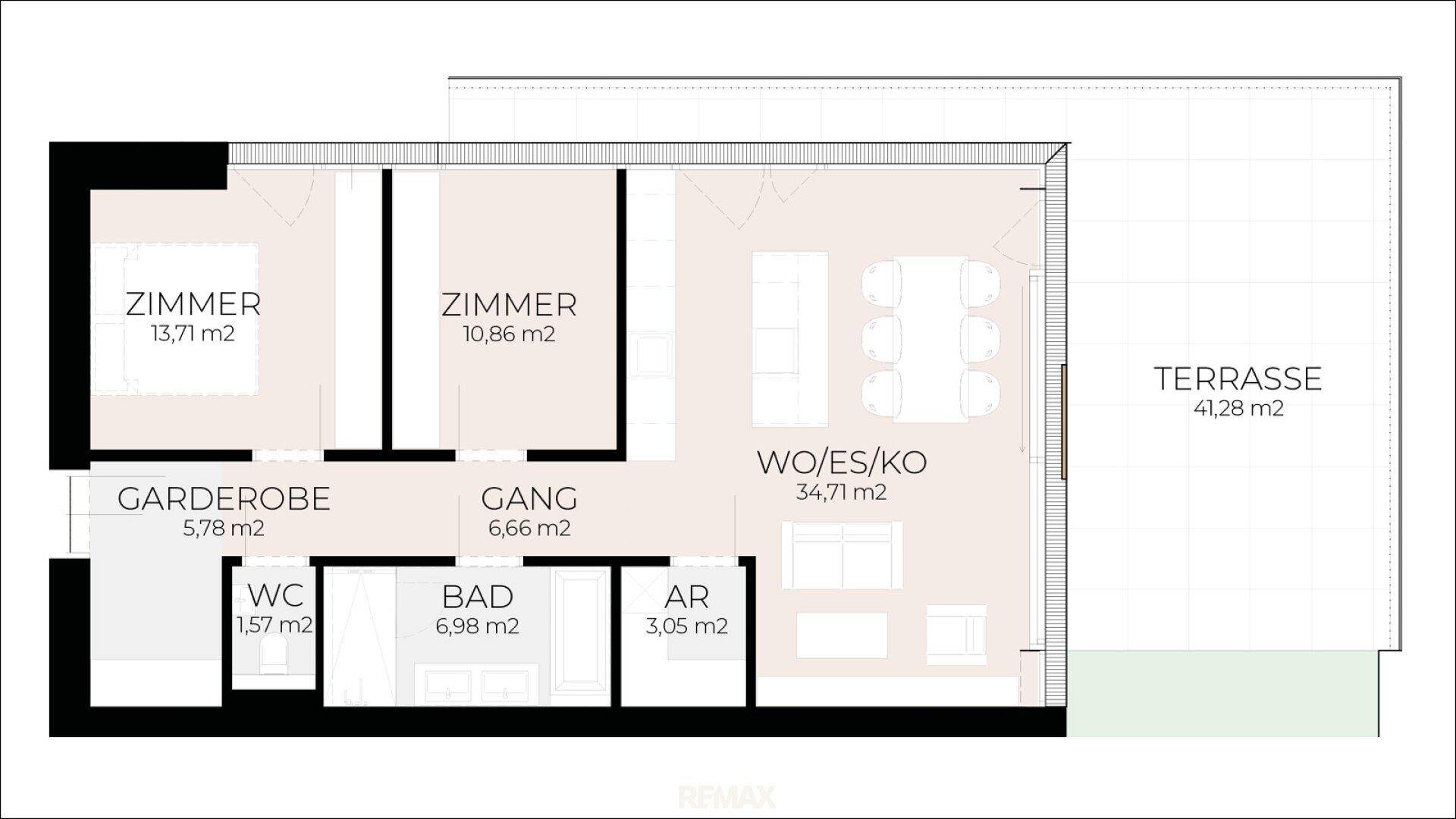 Grundriss einer Wohnung mit zwei Zimmern, offenem Wohnbereich, Bad und großer Terrasse.