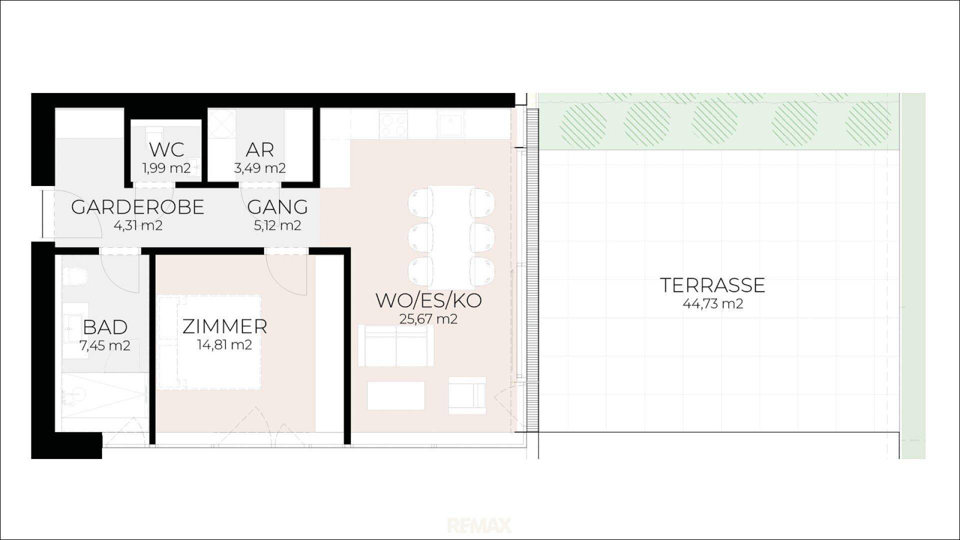 Grundriss einer Wohnung mit Wohn-Ess-Kochbereich, Schlafzimmer, Bad, WC und großer Terrasse.
